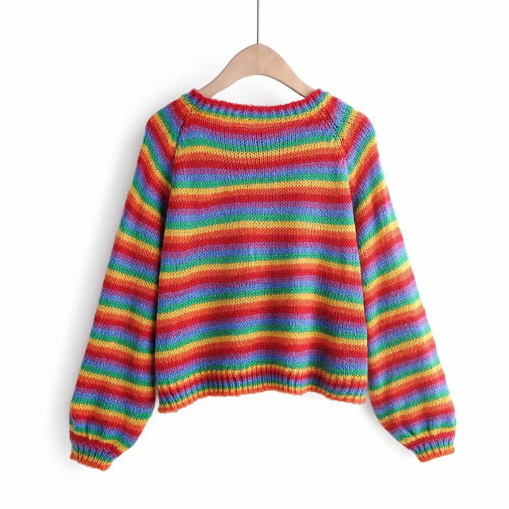 Женский Цветной полосатый Радужный свитер с длинными рукавами круглый воротник