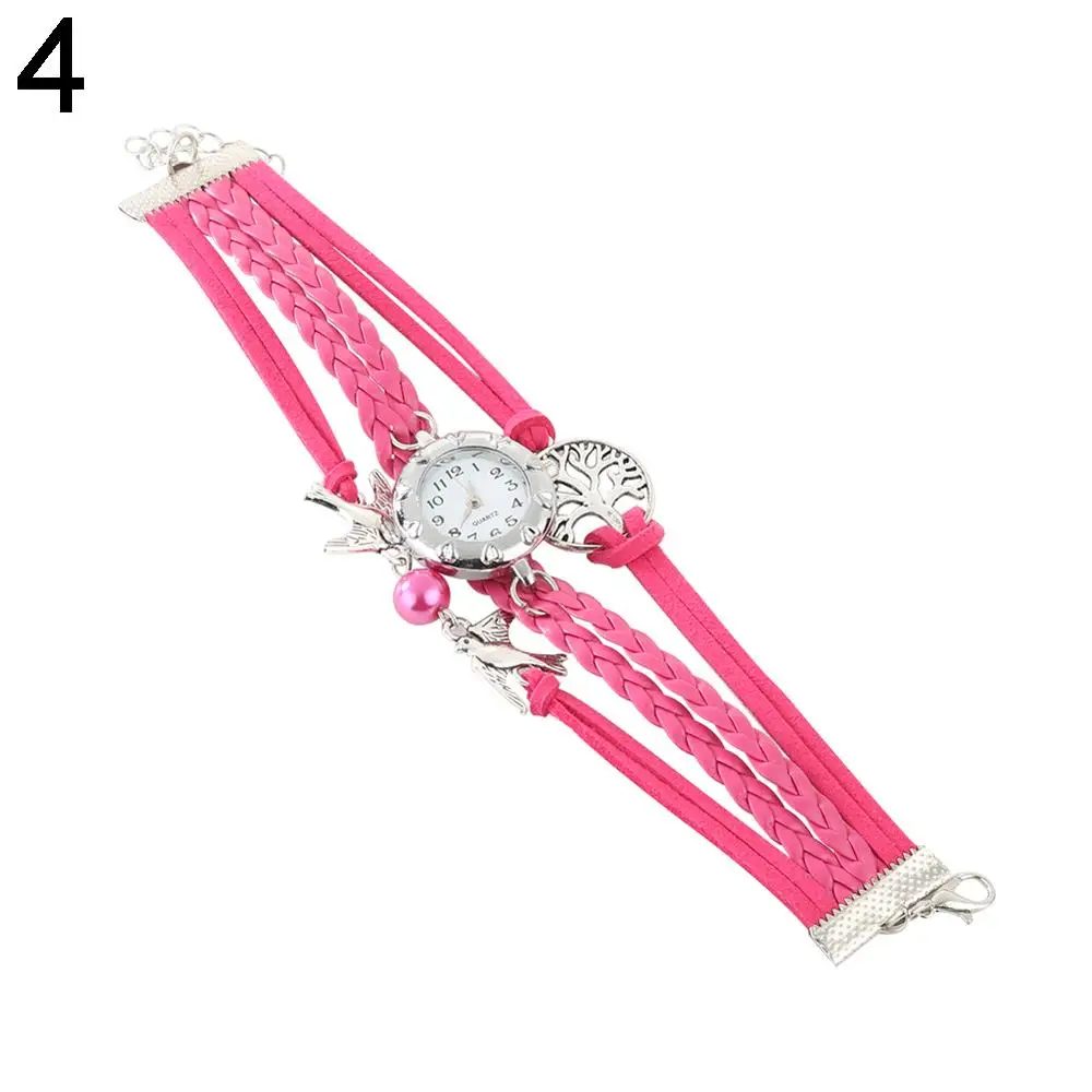Rose Red Новые модные часы женские кварцевые часы пустое Дерево жизни птицы бусины Шарм Многослойные ретро плетеный браслет наручные часы для подарков - Цвет: Rose Red