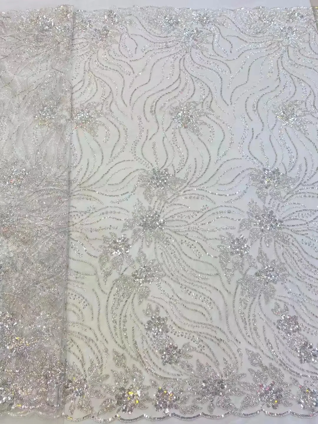 

African Wedding Best Quality Beads Sequin Offwhite Tulle Mesh Lace For Occasion /Sawing Bridal Dress /Fashion Designer