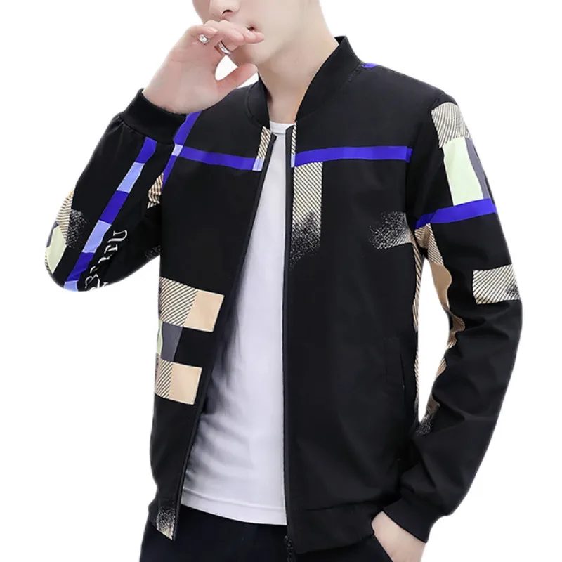

Korean Jacket 2021 Men Spring Autumn Baseball Jacket Fashion Casual Slim Fit Coats Brand Plaid Printed Stand-up Collar Jackets