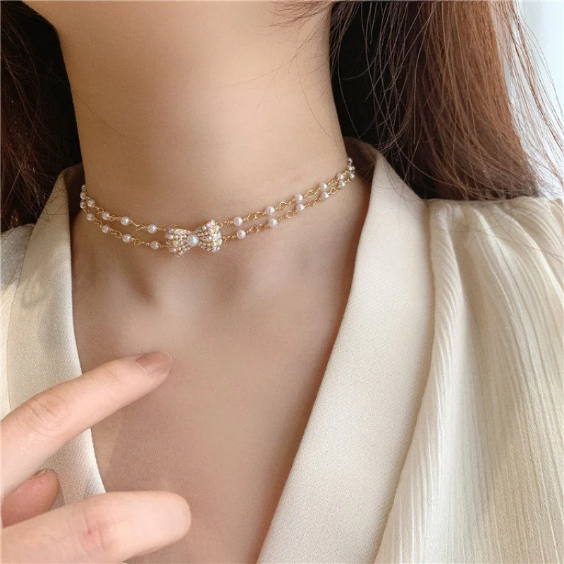

Fairy Necklace Metallic Short Double-Layer Bow Clavicle Chain Necklace Choker for Women Girls New