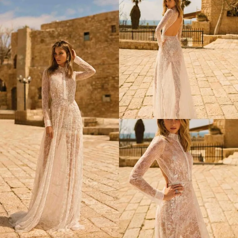 

Свадебное платье с высоким воротником и длинными рукавами, кружевное свадебное платье с аппликацией, с открытой спиной и шлейфом, ТРАПЕЦИЕВ...