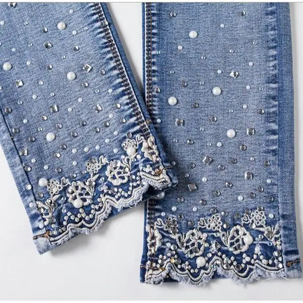 2021 Новинка весны Осенняя Женская кружевная Стразы джинсы брюки-карандаши