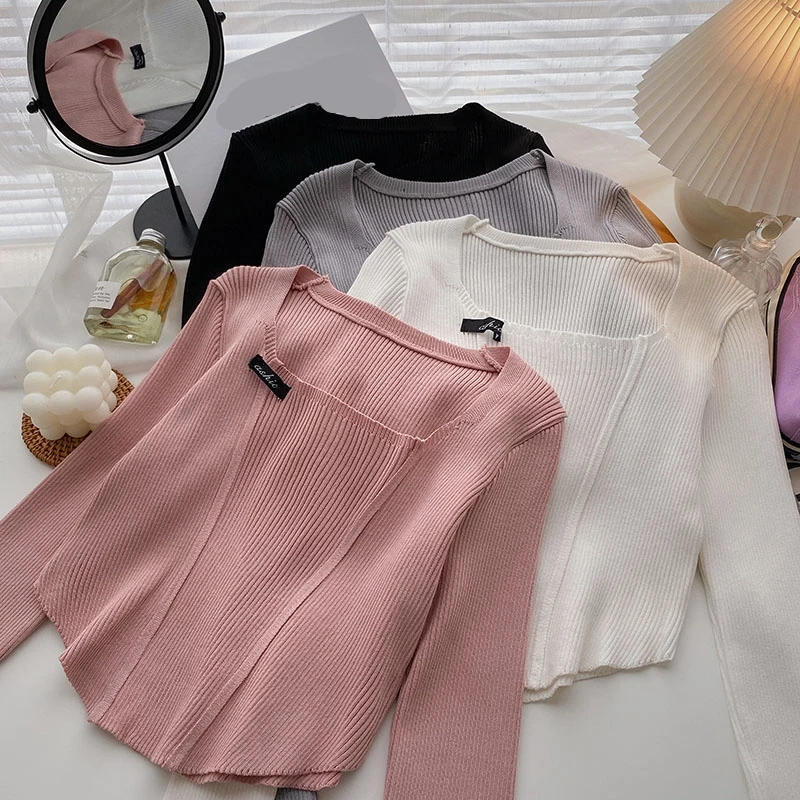 

Autumn Women Korean Square Collar Short Style Long Sleeve Knitted Sweater Tops Ladies Casual Sueter Pullovers Slim Mujer Female