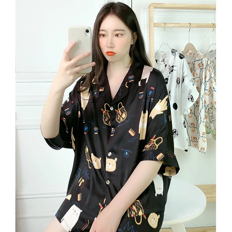 Пижама женская атласная шифоновая с коротким рукавом комплект для сна из 2