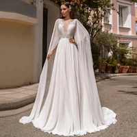 chiffon wedding dresses with cape 2021 a line sheer neckline lace applique sweep train backless white bridal gowns vestido novia