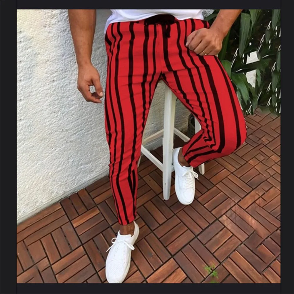 

Summer 2021 casual men's checkered print pants fashion stripe slim pencil pants business pants men's street wear