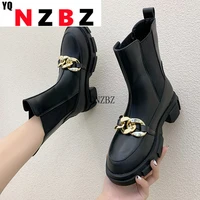 fashion metal chain mid calf boots women real leather elastic band platform shoes runway 2021 autumn winter short boots female