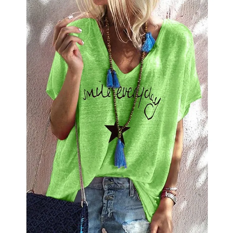 

Summer Letter Print Short Sleeve Blouse Shirt Lady Vintage O-Neck Pullover Blusa Five Star Casual Loose Clothes For Women