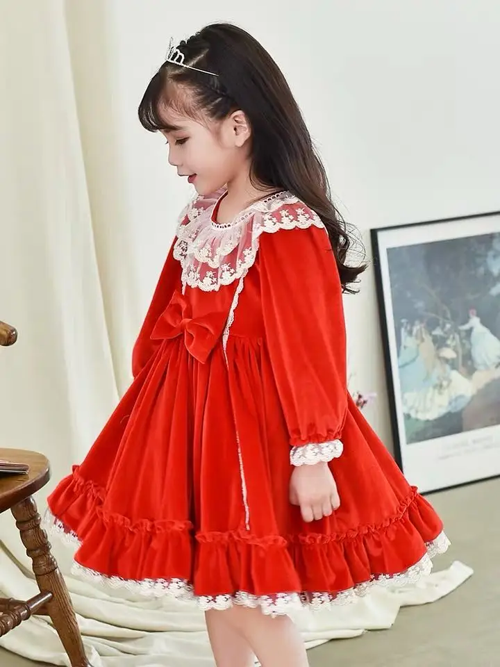 

Baby Girl Autumn Winter Wine Red Long Sleeve Vintage Turkish Lolita Ball Gown Princess Dress for Birthday Christmas Dress