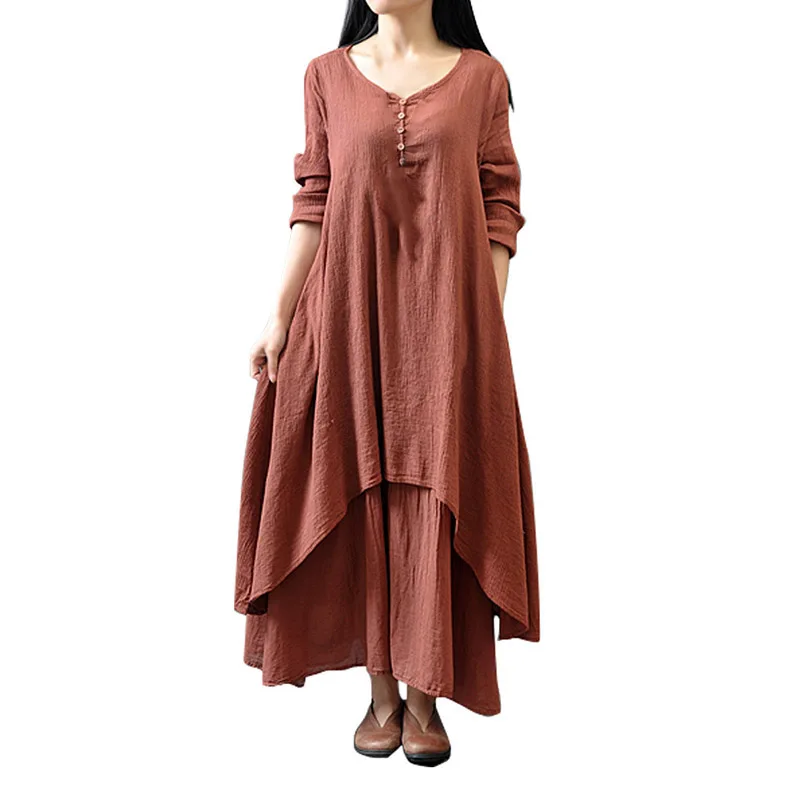 

Летние платья из двух частей, женские платья с пуговицами, женские хлопковые льняные платья, свободное Хлопковое платье с длинным рукавом