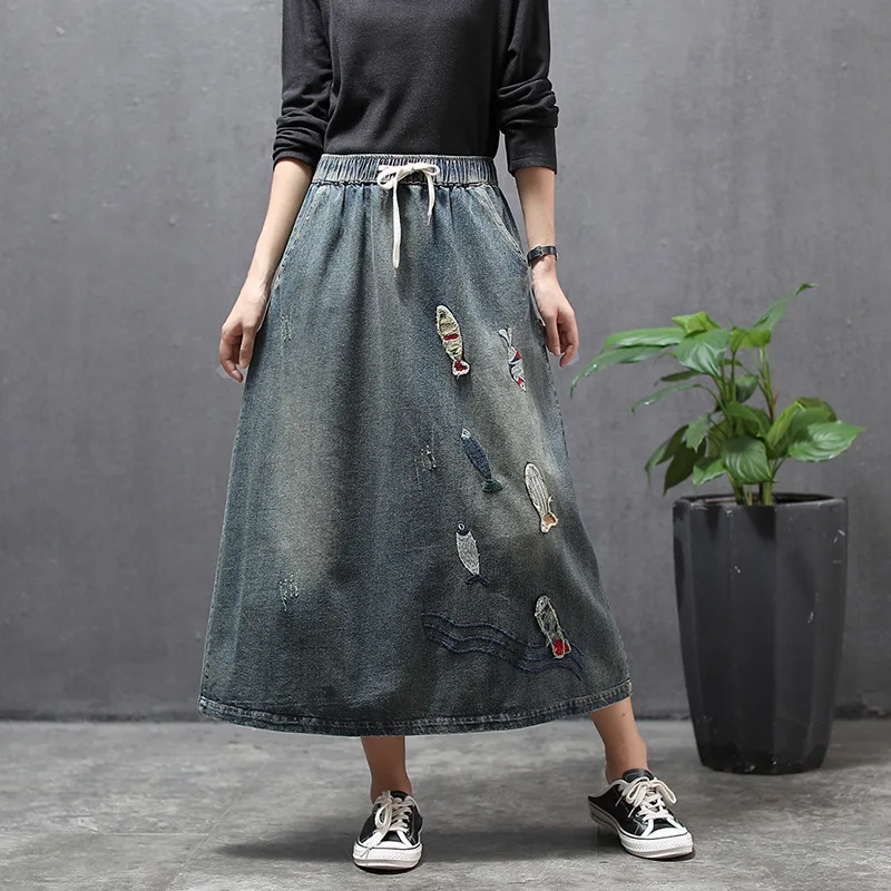 Осенне-зимняя юбка ретро Женская джинсовая с эластичной резинкой на талии 2019