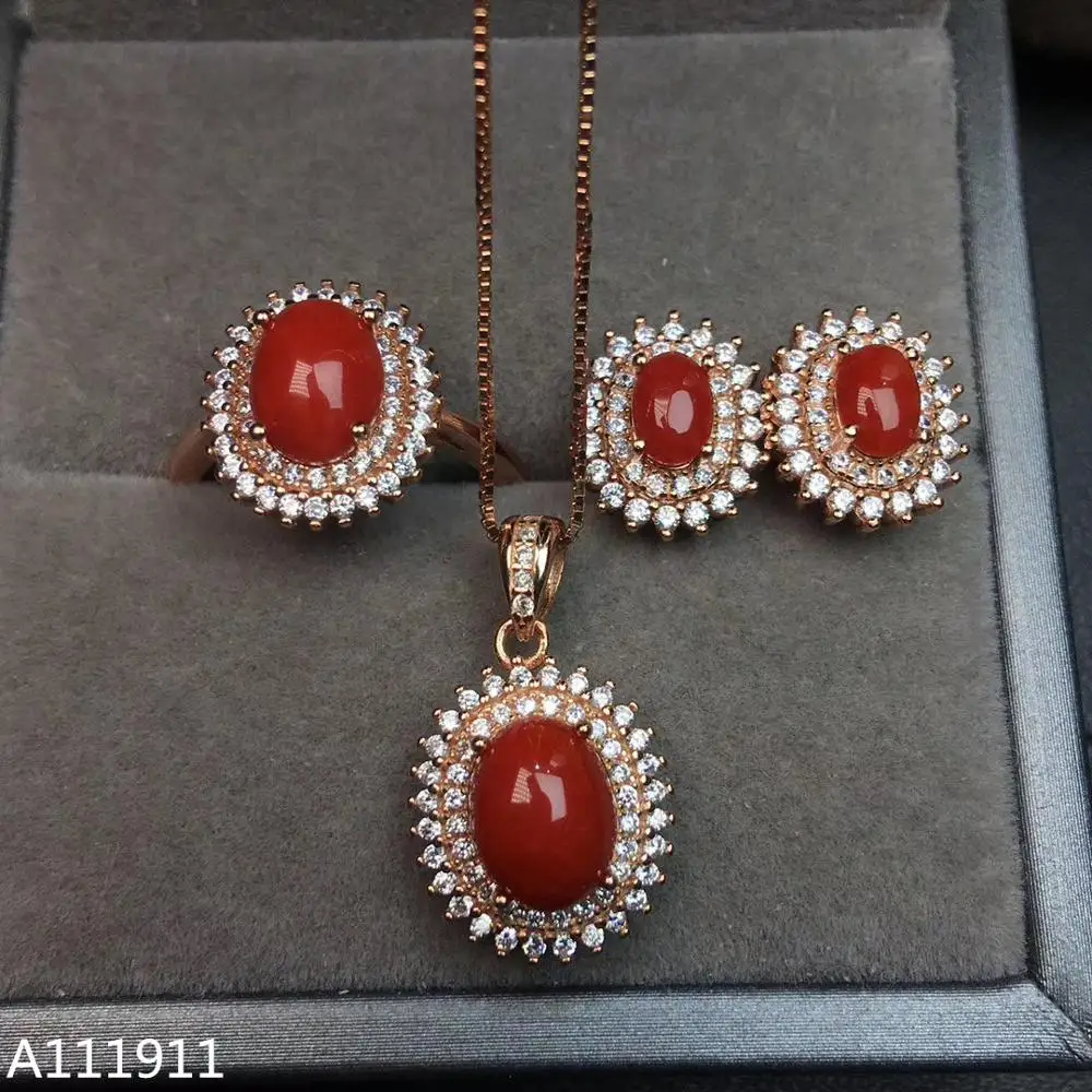 

KJJEAXCMY fine jewelry 925 sterling silver inlaid Natural Red Coral Necklace Ring Earring Suit fashion Support Detection noble
