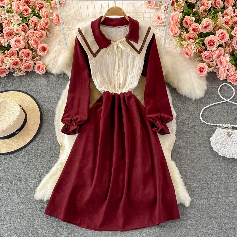 

Sen system literary retro temperament age-reducing shawl knitted stitching high waist slimming mid-length corduroy dress autumn