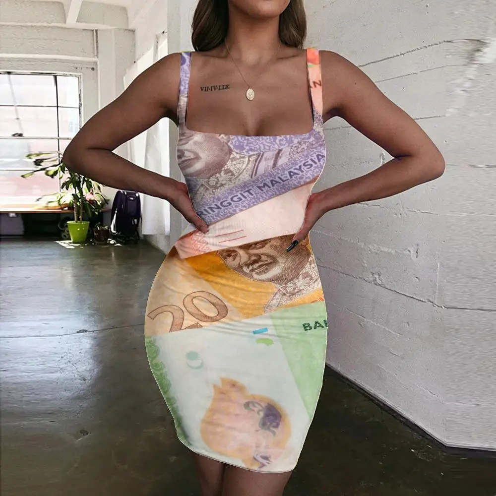 

Giyu Brand Money Dress Women Malaysian Ringgit Bodycon Dress Character Ladies Dresses Abstract Halter Sleeveless Womens Clothing