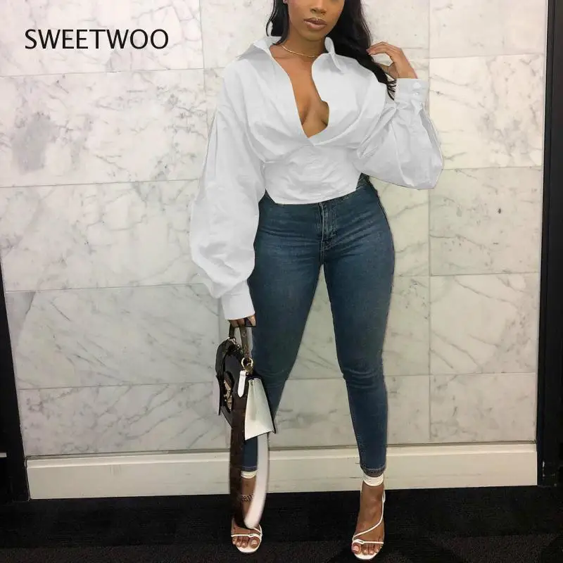 

Осенняя женская рубашка с длинным рукавом-фонариком, однотонная Модная рубашка в стиле ретро на пуговицах с высокой талией и низким воротни...