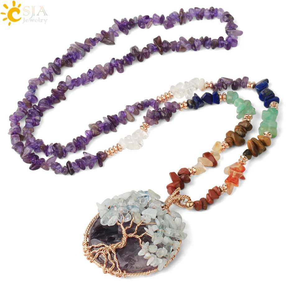 CSJA Natural Chips Stone Reiki Chakra Long Necklaces Tree of Life Wire Wrap Pendants for Women Men 2020 New Fashion Jewelry G378