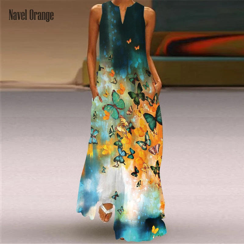 

Deep V-neck Sleeveless Fashion Printing Long Dress Summer Loose Casual Elegant Women Dress Daily Party Streetwear Dropshipping