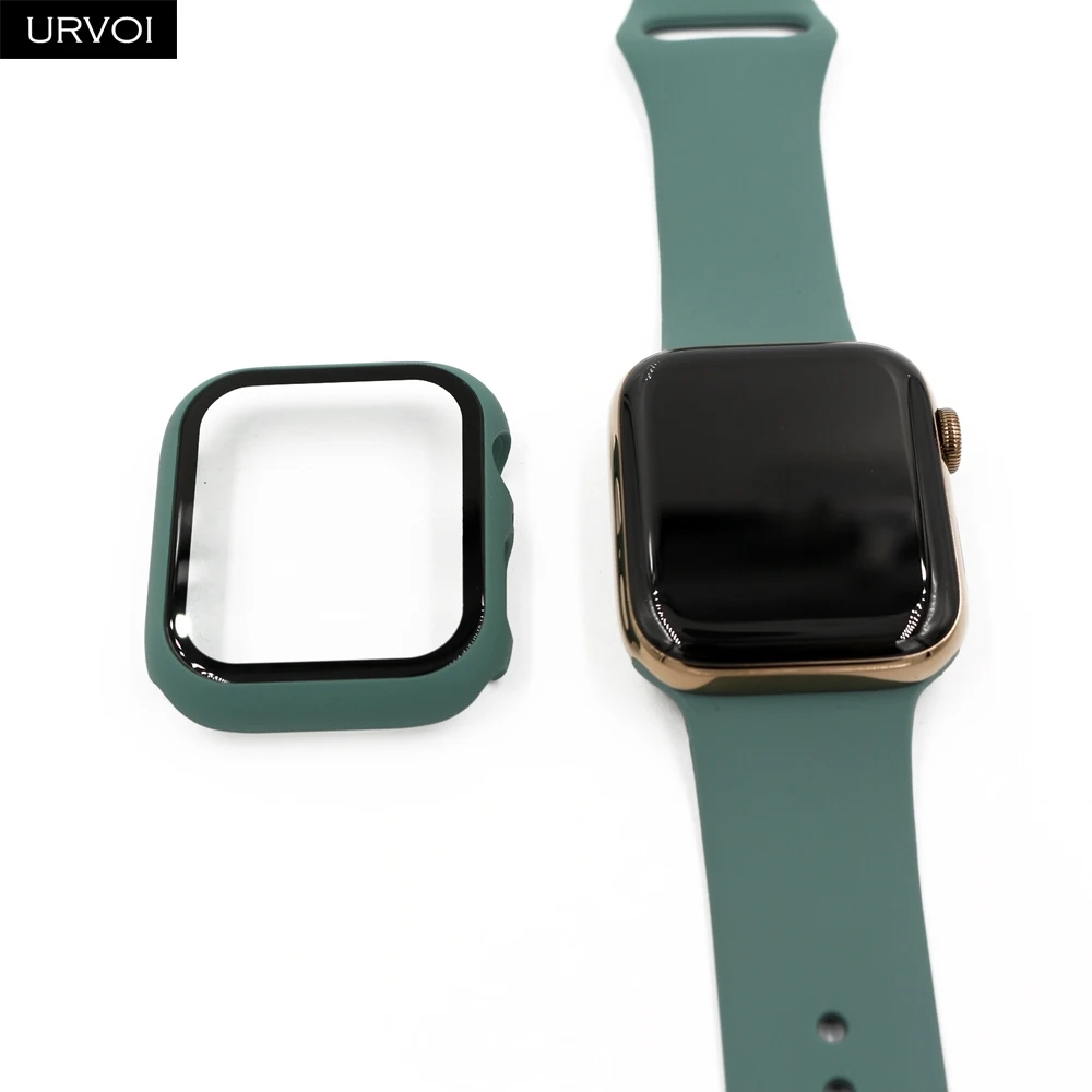 URVOI полное покрытие для Apple Watch series 5 4 3 2 Чехол 40 44 м матовый пластиковый бампер с закаленным стеклом для iWatch Pine Green band