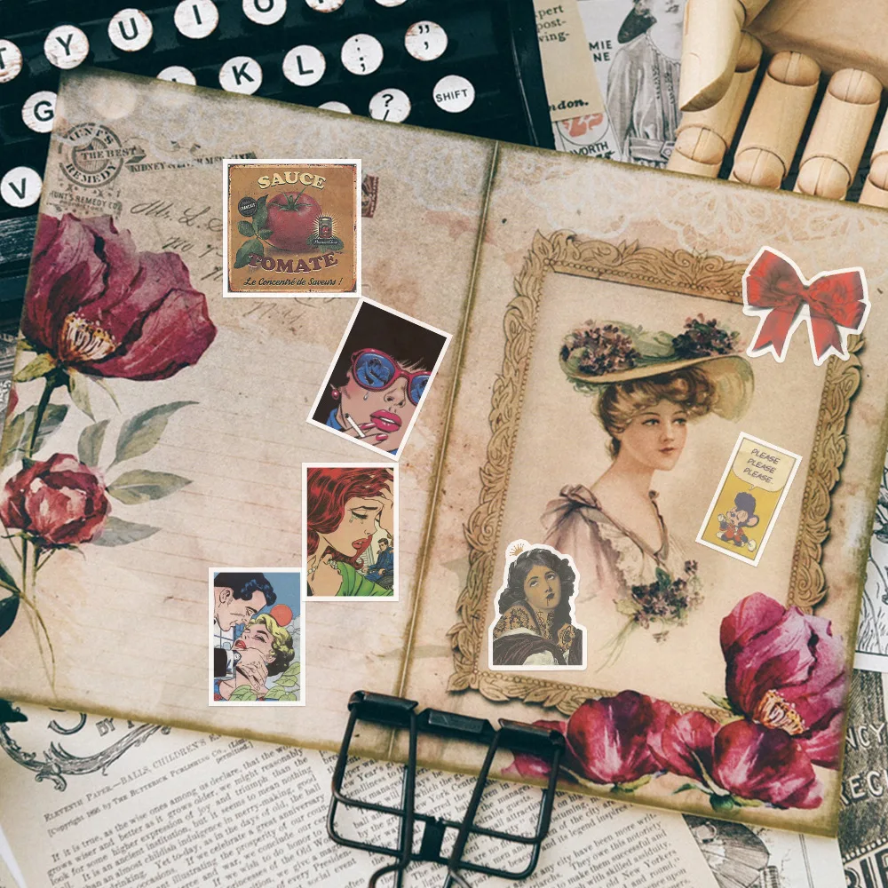 

50pcs The 1900's Vintage Stickers Aesthetic Retro Scrapbooking Sticker Journaling Stationery Diary Stikcky for Laptop Phone Case