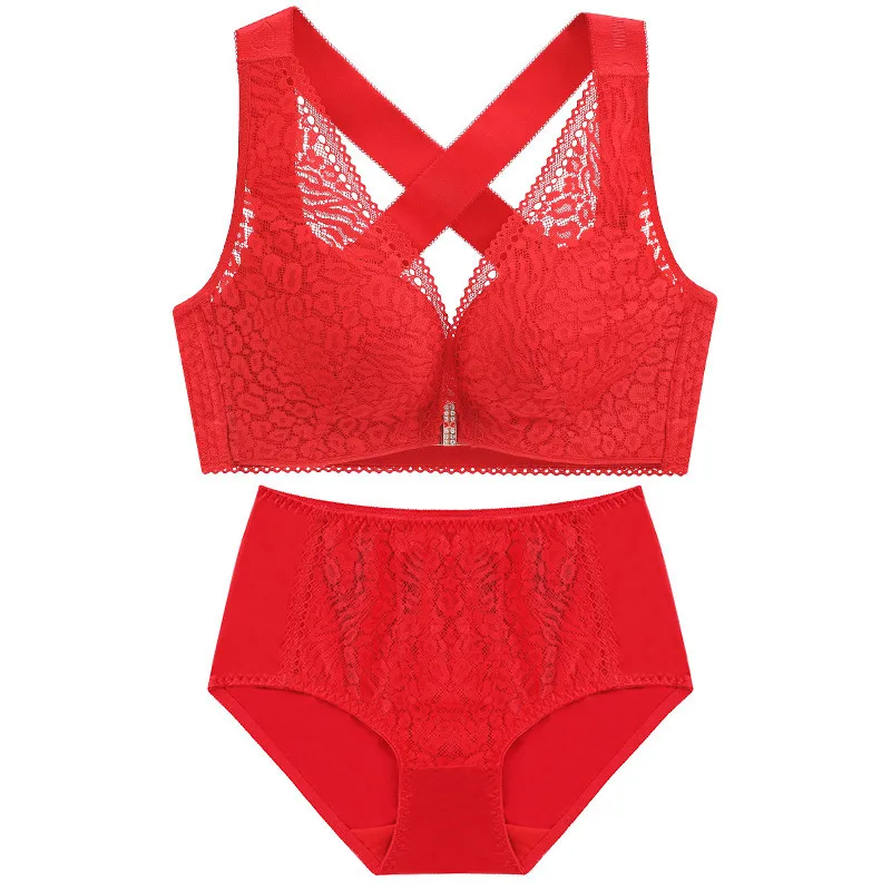 red bra set Сексуальный кружевной комплект с бюстгальтером большого размера спереди, регулируемый бюстгальтер пуш-ап, большой бюстгальтер и трусики, комплект женского нижнего белья - Цвет: red bra set