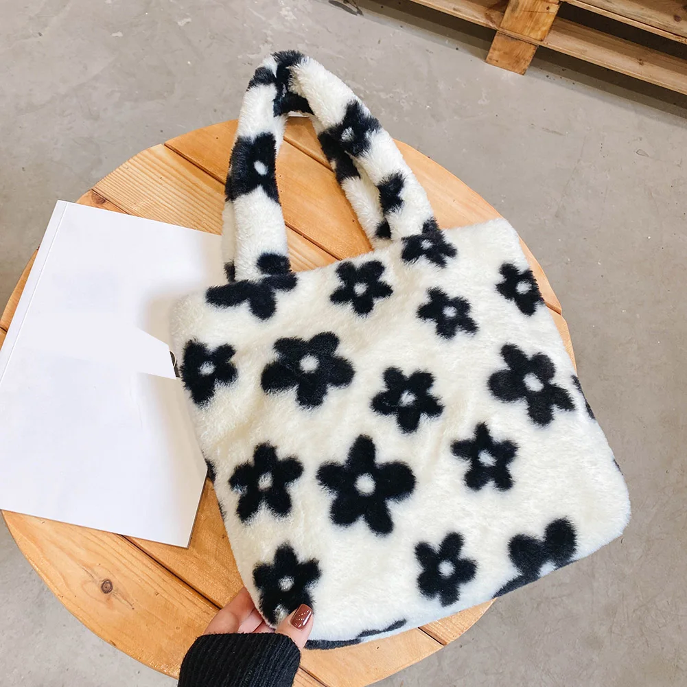 

Casual Flower Printed Shoulder Underarm Bag Autumn Women Plush Soft Fluffy Handbag Street Travel Big Capacity Top-handle Handbag