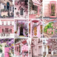 gatyztory diy painting by numbers pink house landscape kits acrylic handpainted drawing on canvas flowers for wall art home deco
