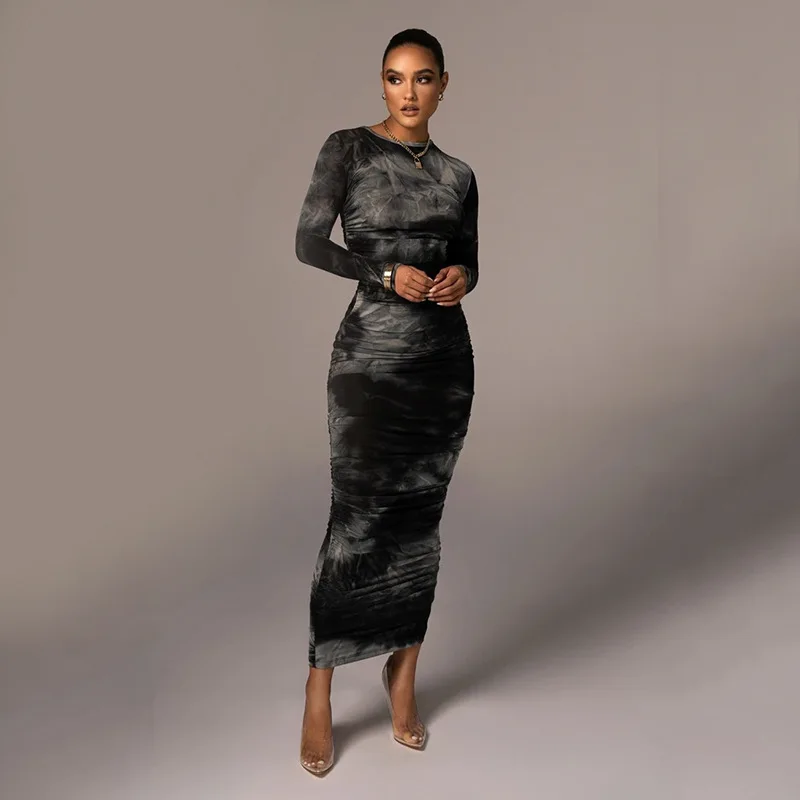 

Sexy Dresses Women's Clothing Long Sleeve Dress round Neck Slim Temperament Wild Printing and Long Dress Vestido De Mujer