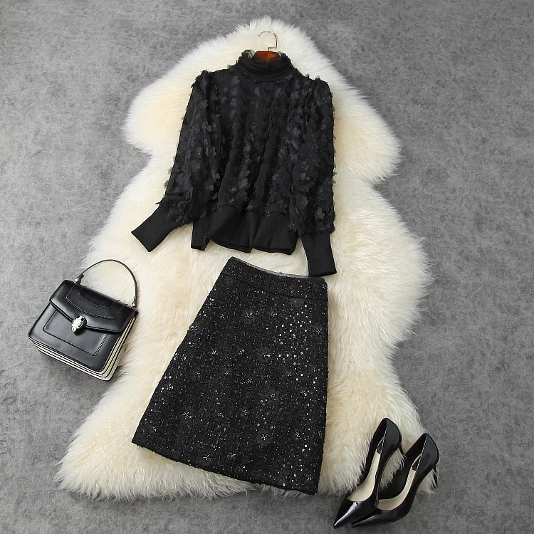 

women's American European and clothing 2021 autumn new style Long-sleeved applique sweater Sequined tweed skirt fashion suit