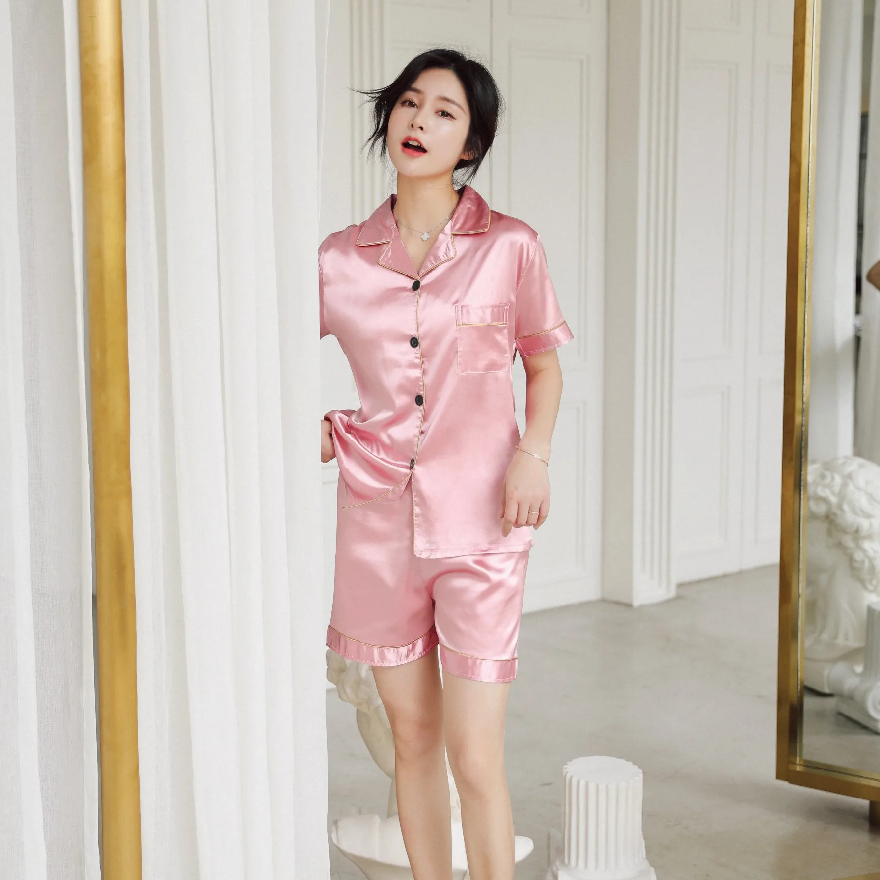 

Couples Pajamas Sets Short Sleeve Silk Pajamas Suit Women Summer 2 Pcs Pajama Sets Silk Satin Pijama Sleepwear Pyjamas Nightwear