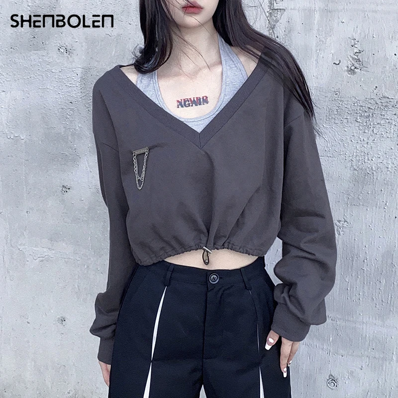 

Streetwear Loose Sweatshirt Set Women Autumn Solid 2 Piece Sets Deep V-Neck Long Sleeve Cropped Pullovers And Halter Top