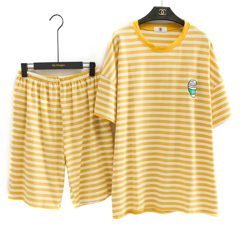 

Женская пижама, повседневный и удобный однотонный костюм с коротким рукавом, простой спортивный костюм, Полосатый Летний Новый Стиль, корот...