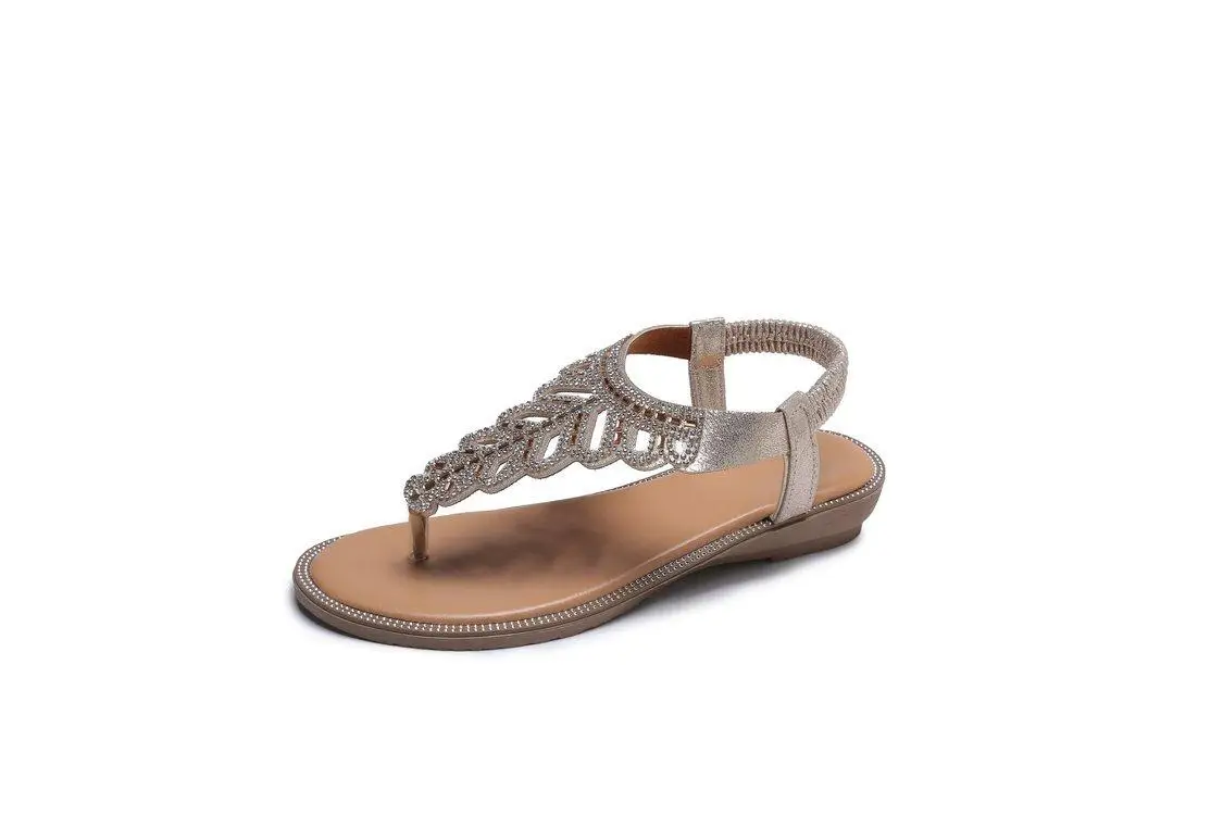 

Beige Heeled Sandals Comfort Shoes for Women Large Size Black Girls Rhinestone Fashion Elastic Band Big 2021 Flat Rubber Slip-O