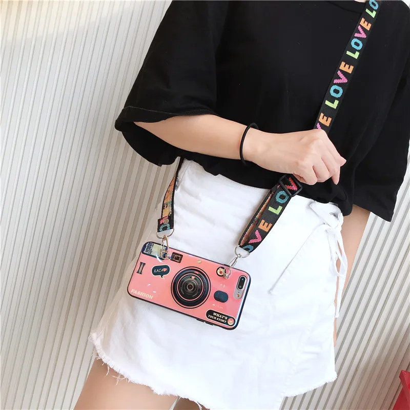 3D Ретро стиль камеры Мягкий ТПУ чехол с ремешком и наручным для huawei Honor 7X8X9X9 10 20 nova 2