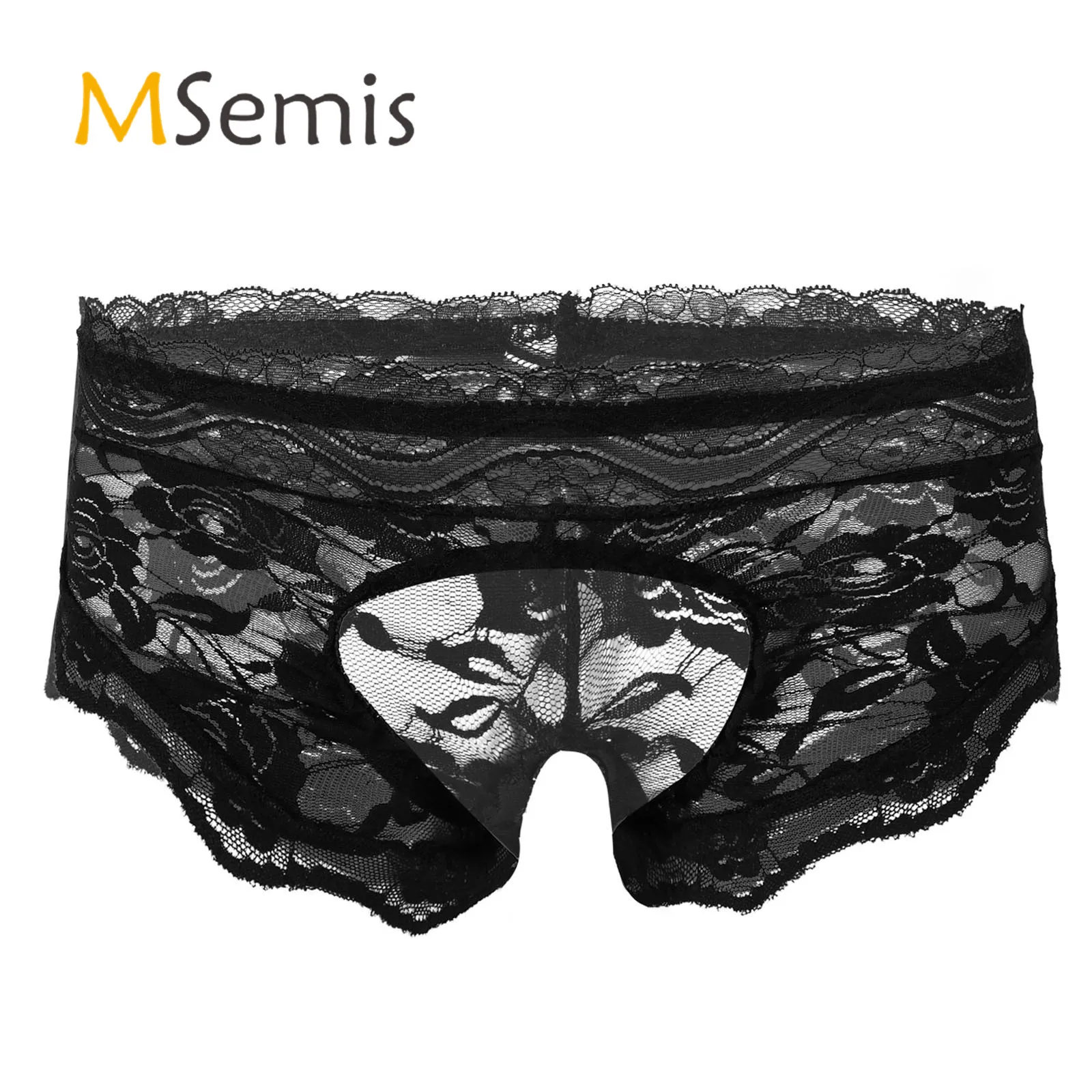

Mens See-through Lace Crotchless Briefs Thong Floral Pattern Elastic Waistband T-Back Underwear Underpants Sissy Nightwear