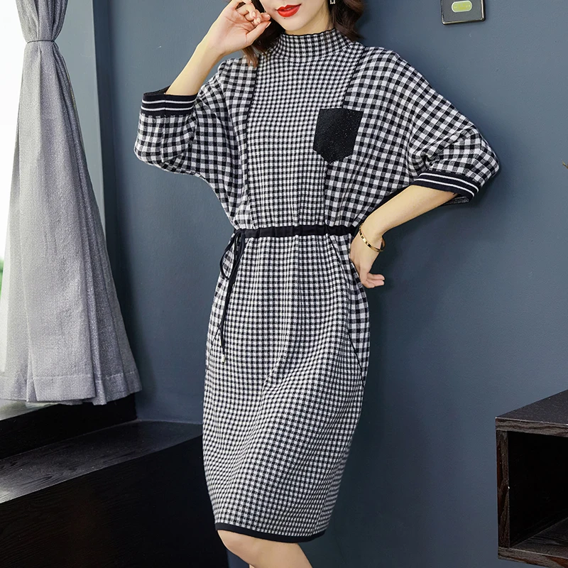 

2021 Autumn Vintage Knitting Turtleneck Sweaters Midi One Piece Dress Winter Casual Plaid Half Sleeve Dresses For Women Bodycon