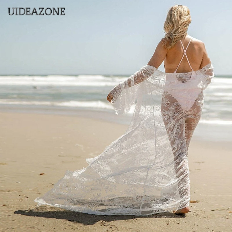 

UIDEAZONE Sexy Lace Floral Crochet Hollow out Women Bikini Cover up Swimsuit Cover Beach Wear Long Blouse Tunic for Vocation