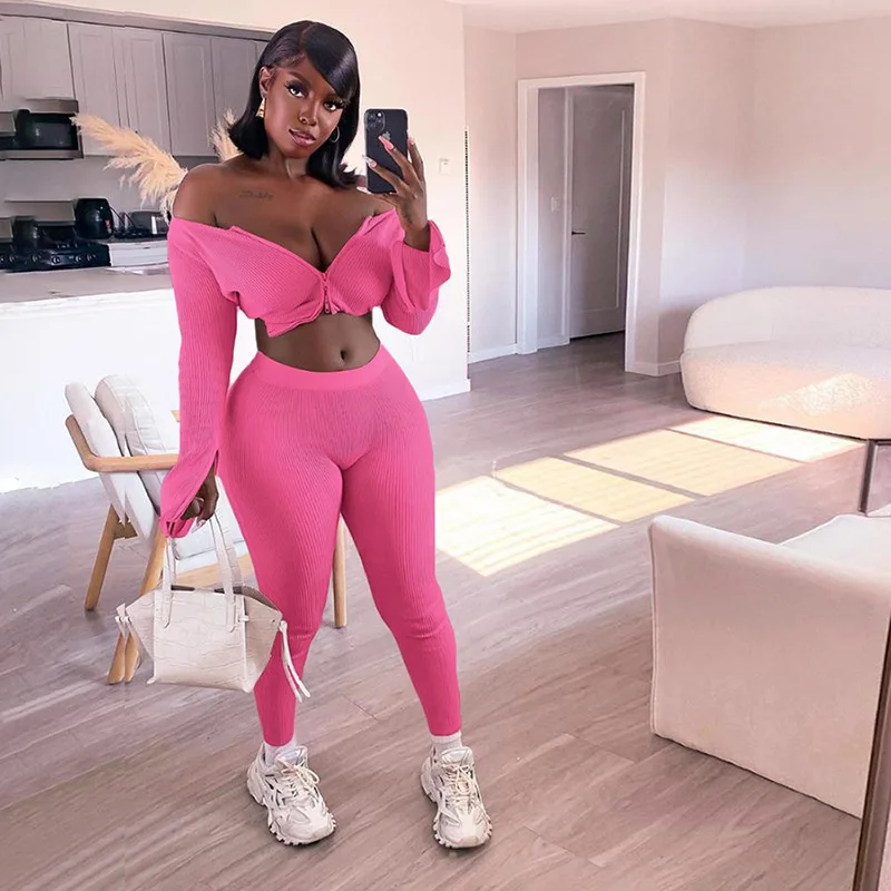 

Женский трикотажный комплект из двух предметов, однотонная осенняя куртка с воротником-лодочкой и эластичные леггинсы, популярная уличная ...