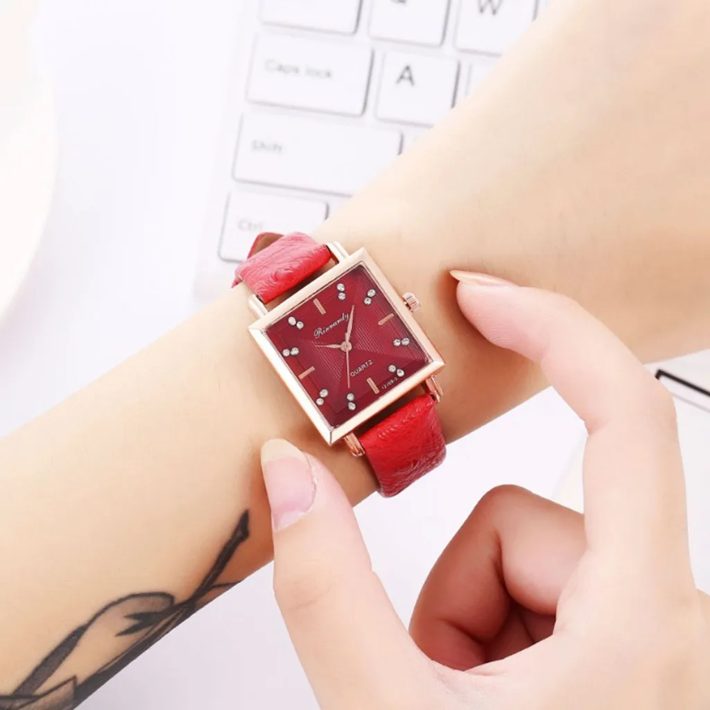 

Fashion Square Women Watches Ladies Rose Gold Dial Leather Band Quartz Wristwatch Student Clock Gift reloj mujer /d