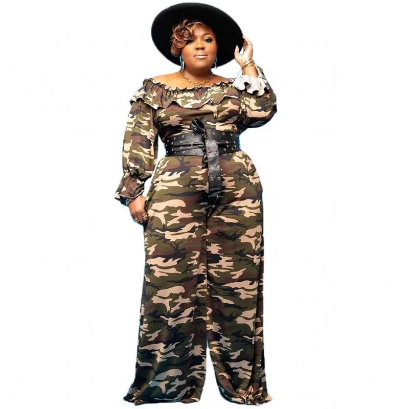 

Wide Leg Pants Jumpsuit Women Slash Neck High Waist Playsuit Autumn New Camouflage Print Ruched Splice Military Jumpsuit Overall