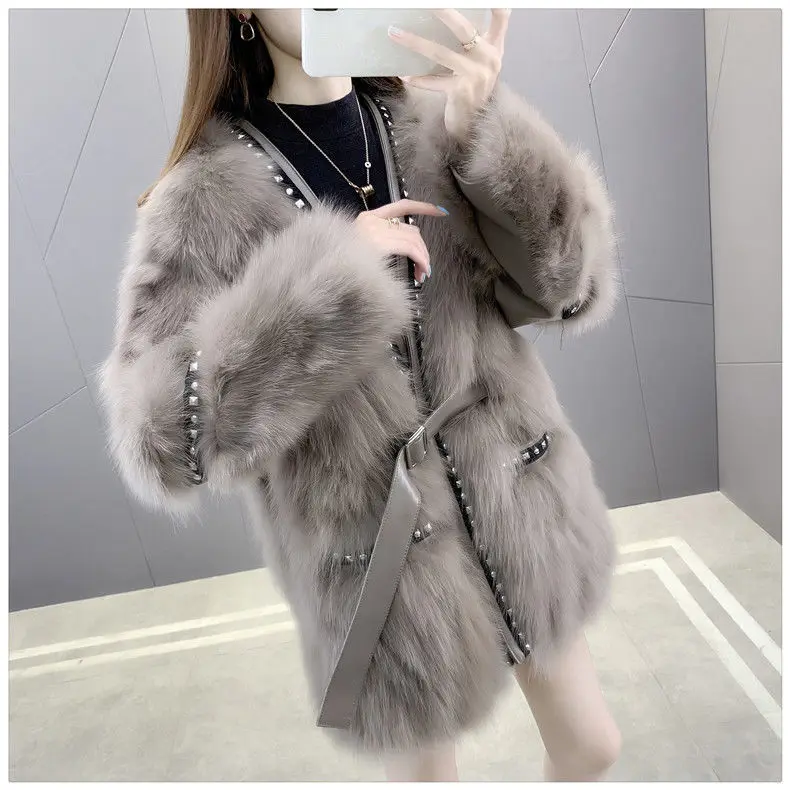 New high-end thickened fur coat women's fashion cardigan rivet waist imitation fur one coat short fashion
