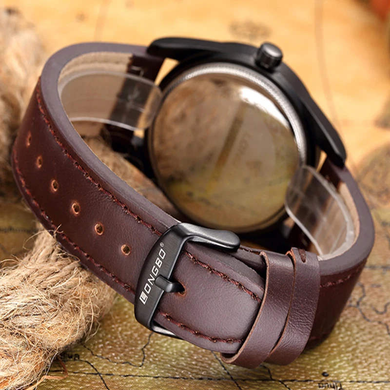 Часы наручные LONGBO мужские с календарем и кожаным ремешком модные