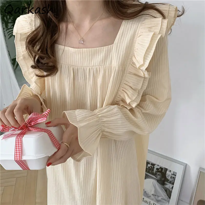 

Apricot Nightgown Women Sleepwear Lady Mid-Calf Loungewear Sweet Spring Autumn Long Sleeve Loose New Princess Style Comfortable