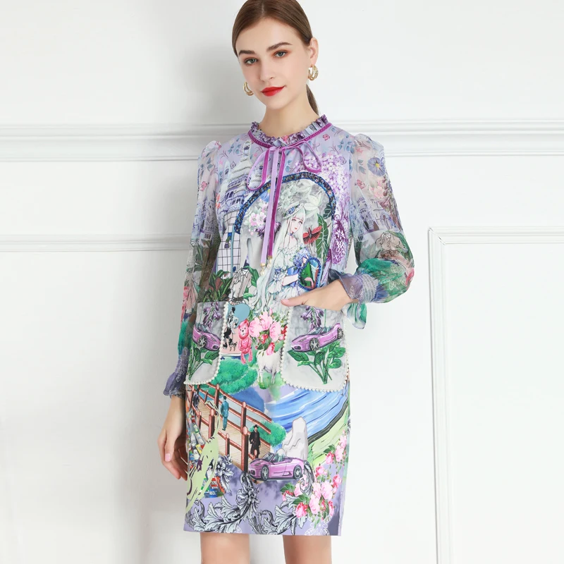 

2021 SPRING TIE NECK PRINT HEAVE BEADED FLARE SLEEVE DRESS