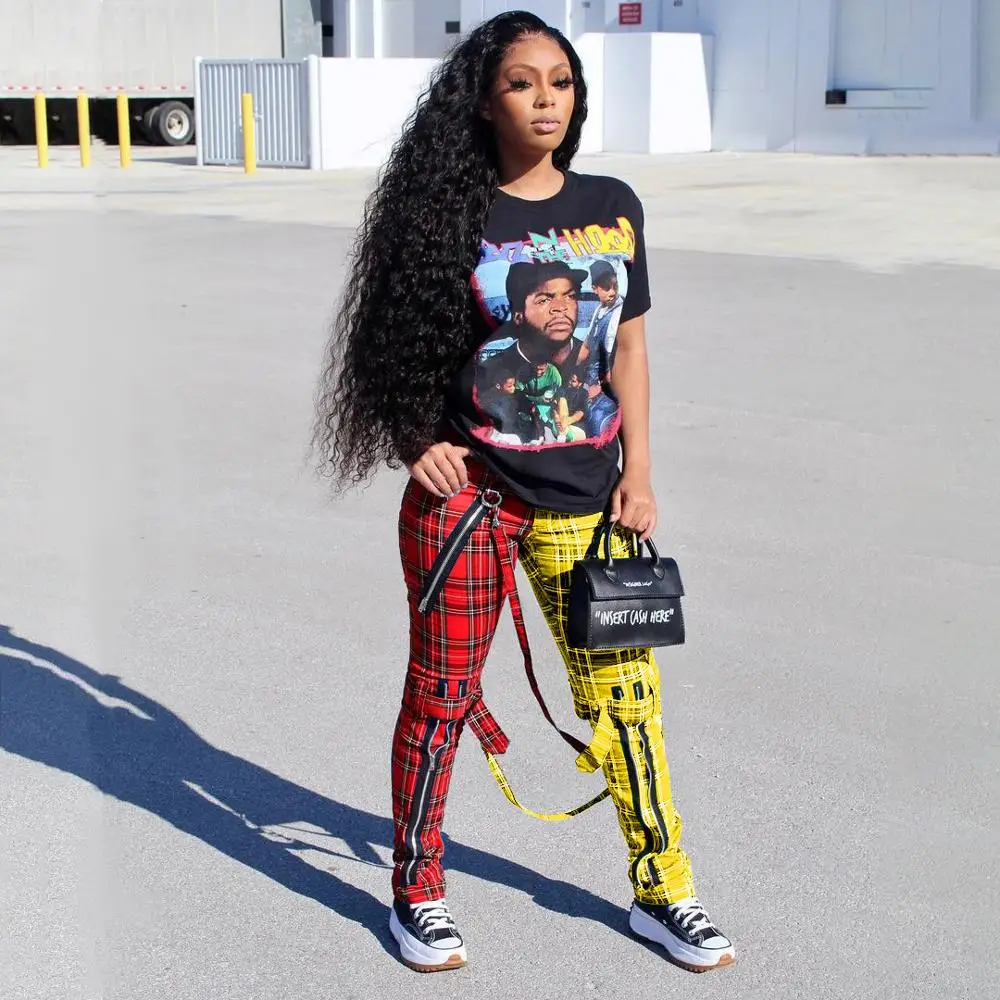 

Брюки женские клетчатые на молнии, Джоггеры в стиле панк, в стиле пэчворк, спортивные штаны, уличная одежда с завышенной талией, модные штаны...