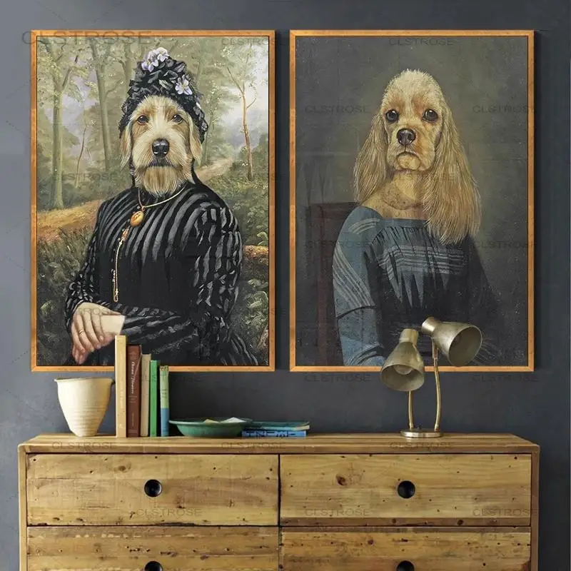 

Canvas Painting Vintage Classy Dog Impersonate Wall Art Posters Prints Animal Wearing Coat Wall Picture for Living Room Decor