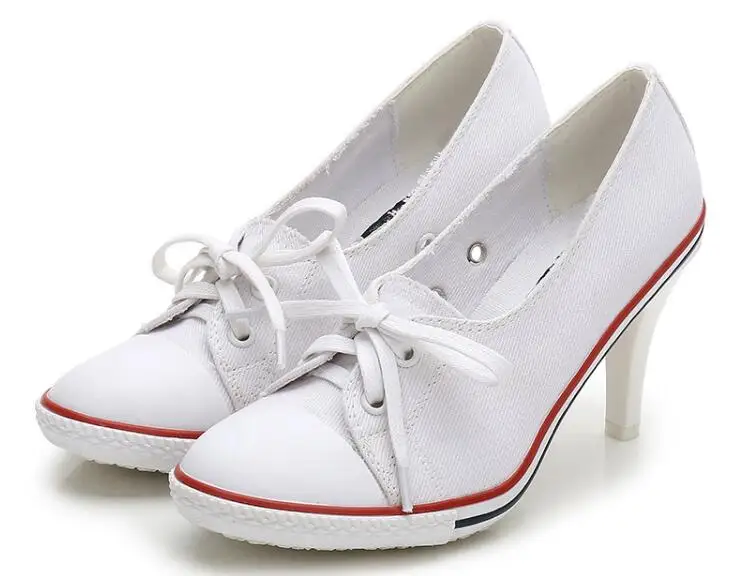 Женские парусиновые туфли-лодочки осенне-весенние туфли на высоком каблуке 6-8 см