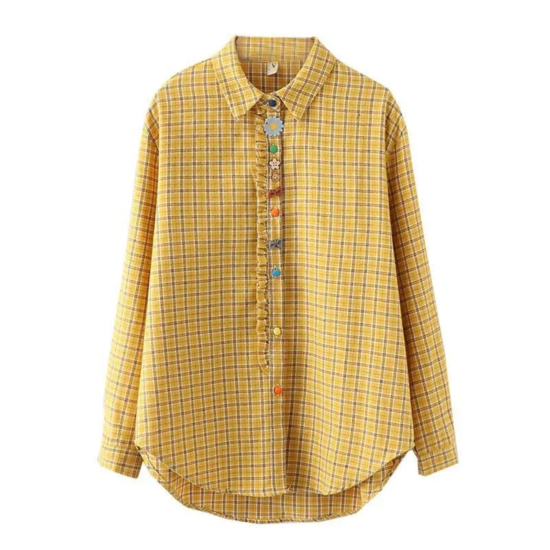 

Spring Autumn New Preppy Style Women Long Sleeve Loose Casual Shirts 100% Cotton Plaid Turn-down Collar Blouse Femme Tops S94