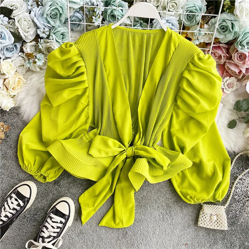 ALPHALMODA 2020 Осенняя Женская милая шифоновая рубашка с длинным рукавом v-образным