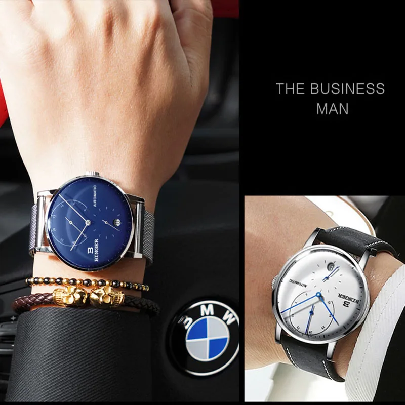 Мужские механические часы BINGER из нержавеющей стали с автоподзаводом и кожаным